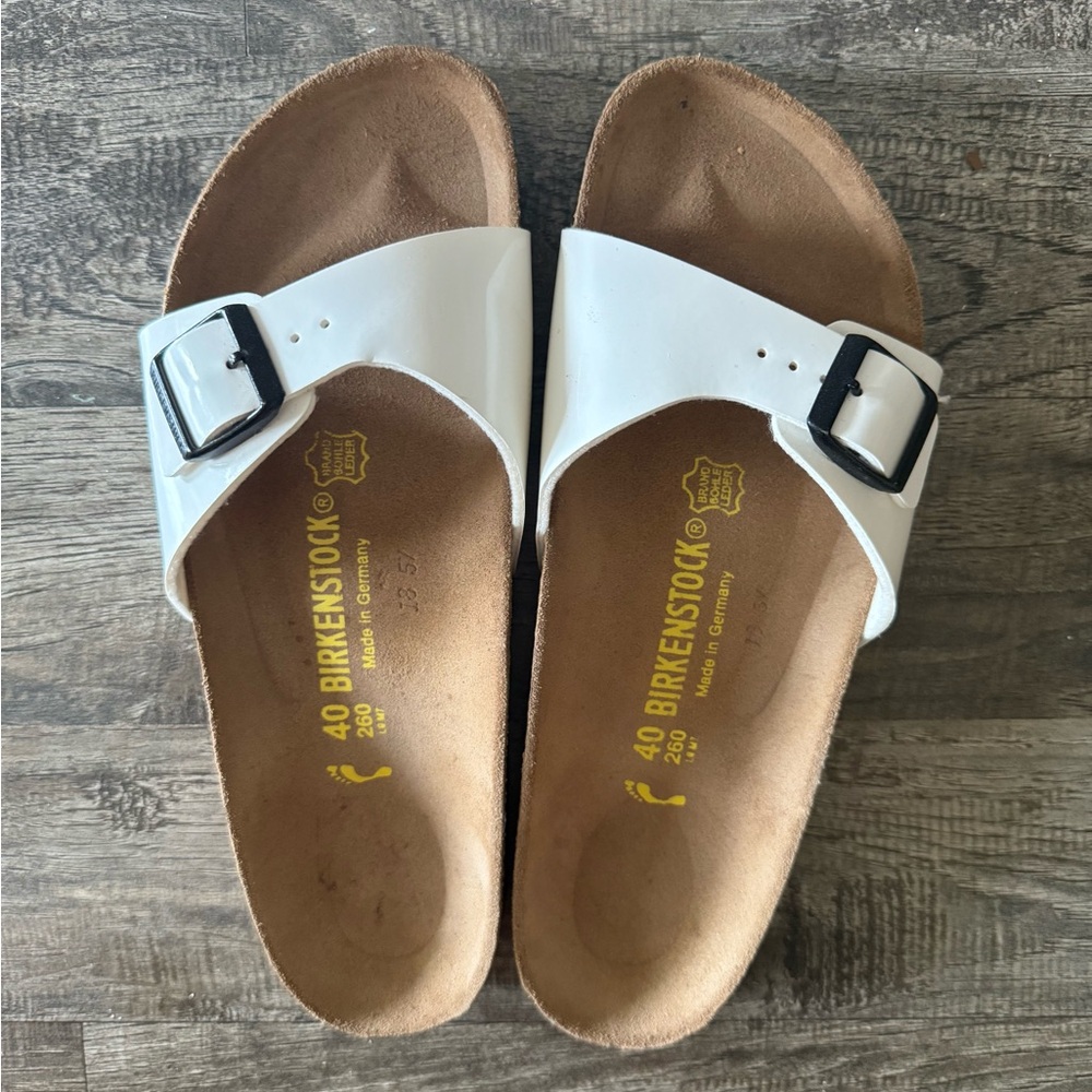 Birkenstock White Slides with Black Buckle